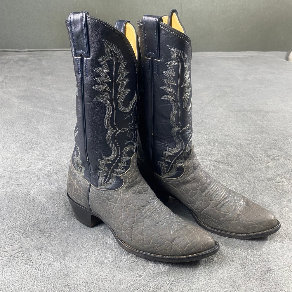 Viintage Justin Cowboy Boot Men 9 D Gray Navy Elephant Grain Leather Western USA